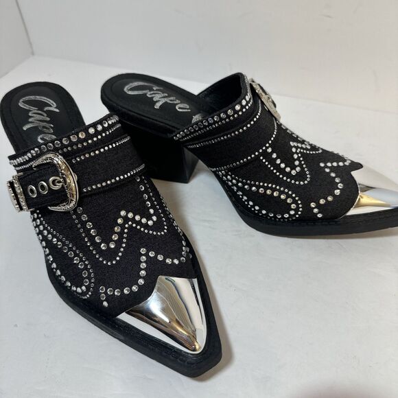 CAPE ROBBIN Women's Black Viv Rhinestone Denim Buckle Pointed-Toe Heels SZ 8 - Picture 11 of 16